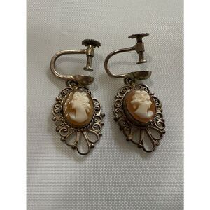 Victorian Sterling Silver Cameo and Filigree Earrings with Hand Carved Motif